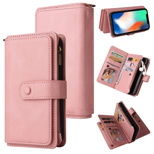 

Skin Feel PU + TPU Horizontal Flip Leather Case with Holder & 15 Cards Slot & Wallet & Zipper Pocket & Lanyard For iPhone X / XS(Pink)