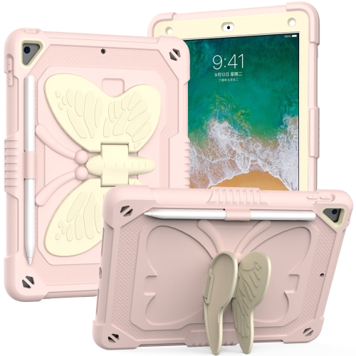 Beige PC + Cas de protection anti-goutte en silicone avec support de forme  de papillon et slot stylo pour iPad 9.7 2018 & 2017 / Pro 9,7 pouces / AIR  2/6 (beige + rose)