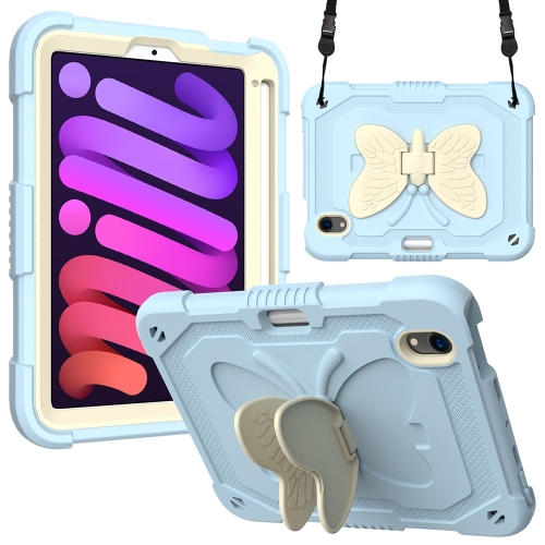 

Beige PC + Silicone Anti-drop Protective Tablet Case with Butterfly Shape Holder & Pen Slot For iPad mini 6 2021(Beige + Ice Crystal Blue)