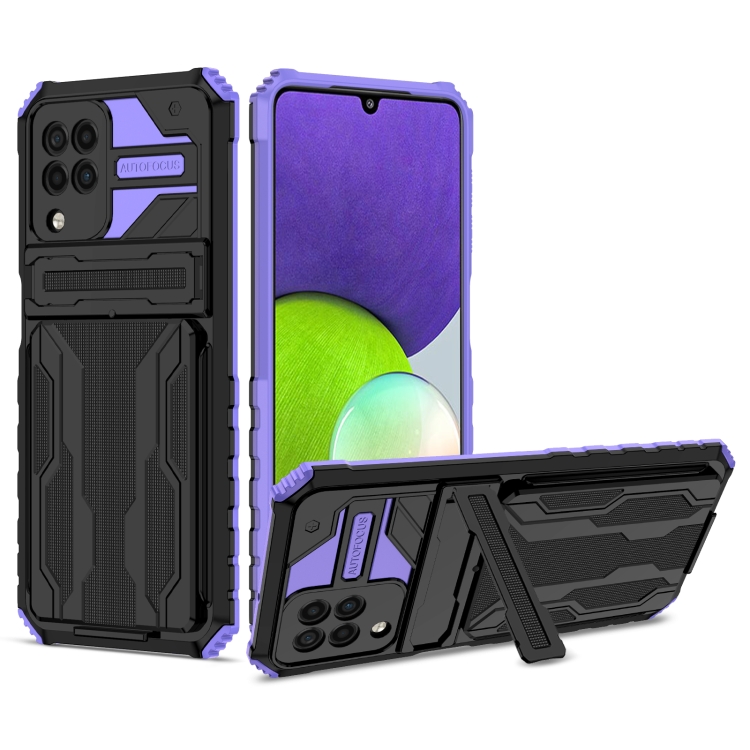 

For Samsung Galaxy A22 4G Armor Card PC + TPU Shockproof Case with Card Slot & Invisible Holder(Purple)