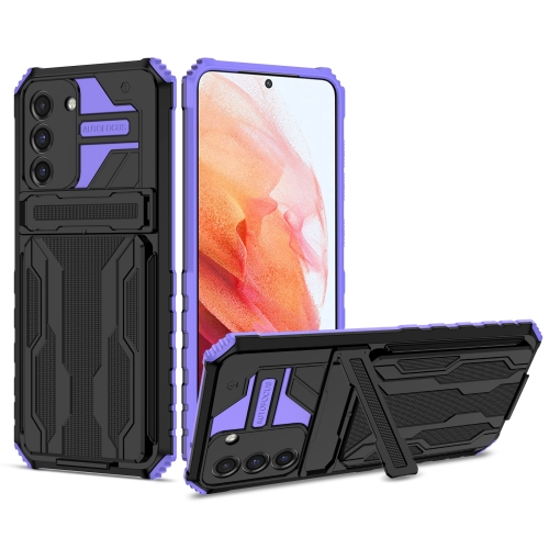 

For Samsung Galaxy S21 FE 5G Armor Card PC + TPU Shockproof Case with Card Slot & Invisible Holder(Purple)