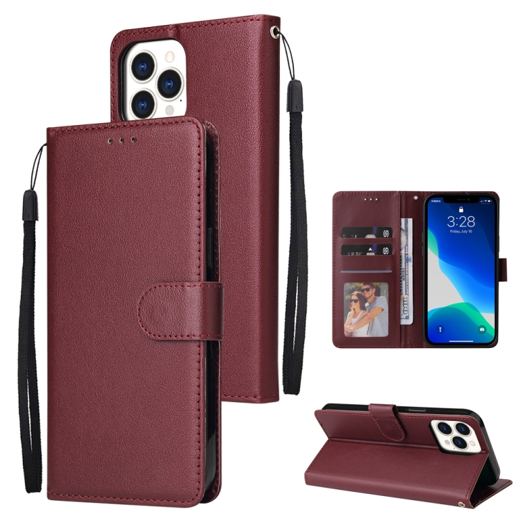 

For iPhone 13 Multifunctional Horizontal Flip Leather Case, with Three Card Slot & Holder & Photo Frame & Lanyard(Red Wine)