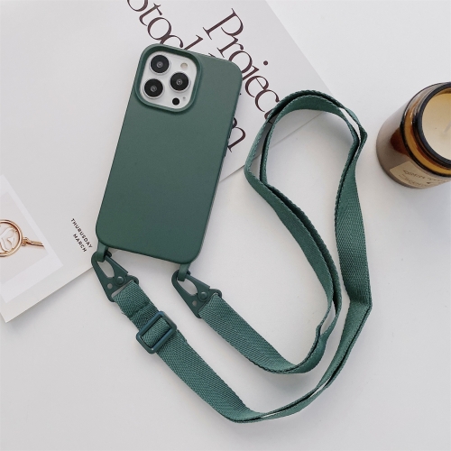 

Elastic Silicone Protective Case with Wide Neck Lanyard For iPhone 13 Pro(Dark Green)