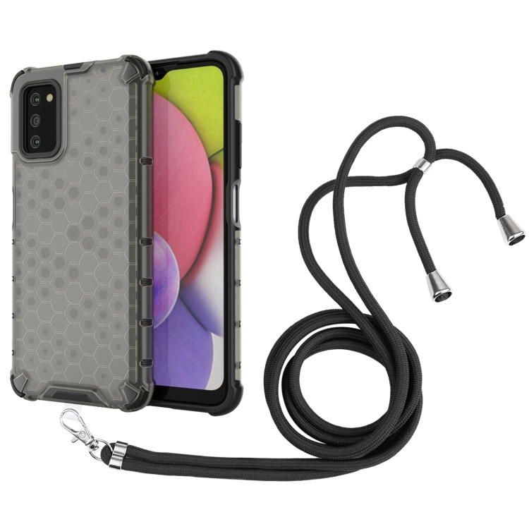 

For Samsung Galaxy A03s 164mm Shockproof Honeycomb PC + TPU Case with Neck Lanyard(Black)