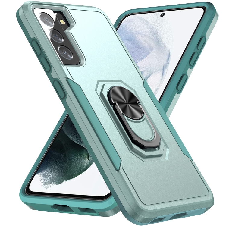 

For Samsung Galay S21 FE Pioneer Armor Heavy Duty PC + TPU Shockproof Case with Holder(Green)