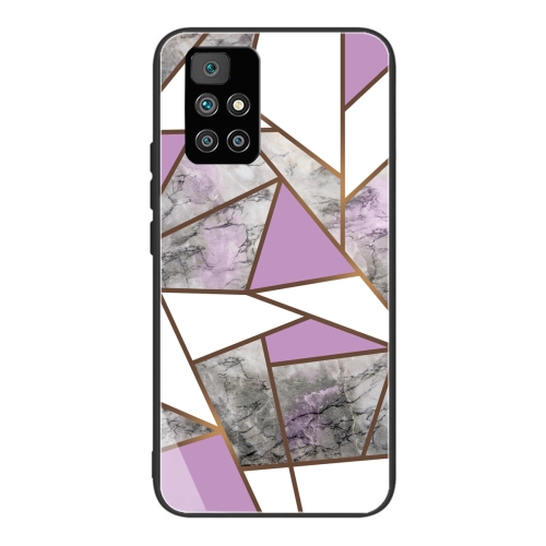 

For Xiaomi Redmi 10 Abstract Marble Pattern Glass Protective Case(Rhombus Gray Purple)