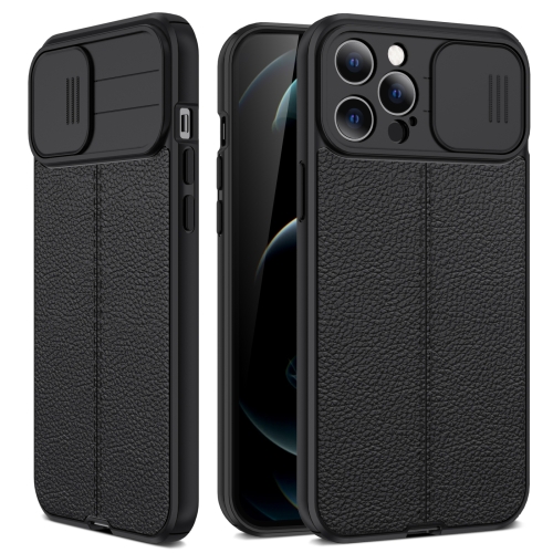 

For iPhone 13 Pro Max Litchi Texture Sliding Camshield TPU Protective Case (Black)