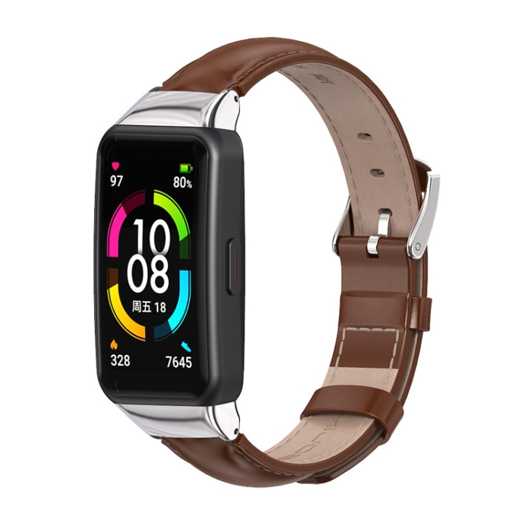 

For Huawei Band 6 / Honor Band 6 MIJOBS Cowhide Leather Watch Band(Brown Silver)