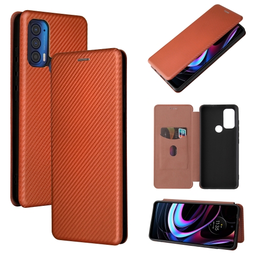 

For Motorola Edge (2021) Carbon Fiber Texture Magnetic Horizontal Flip TPU + PC + PU Leather Case with Card Slot(Brown)