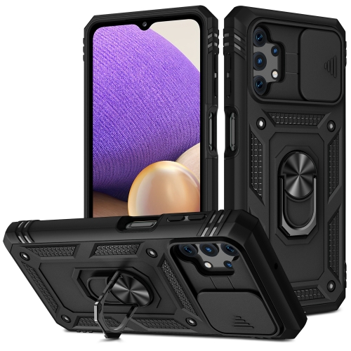 

For Samsung Galaxy A32 5G Sliding Camera Cover Design TPU + PC Protective Case with 360 Degree Rotating Holder & Card Slot(Black+Black)