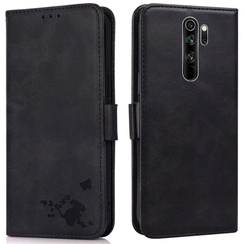 

For Xiaomi Redmi Note 8 Pro Embossed Cat Butterflies Pattern Horizontal Flip Leather Case with Card Slot & Holder & Wallet(Black)