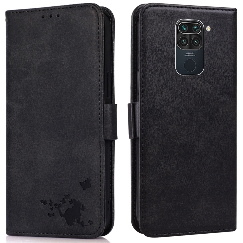 

For Xiaomi Redmi Note 9 Embossed Cat Butterflies Pattern Horizontal Flip Leather Case with Card Slot & Holder & Wallet(Black)