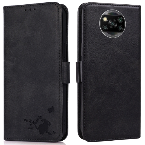 

For Xiaomi Poco X3 NFC / X3 Embossed Cat Butterflies Pattern Horizontal Flip Leather Case with Card Slot & Holder & Wallet(Black)