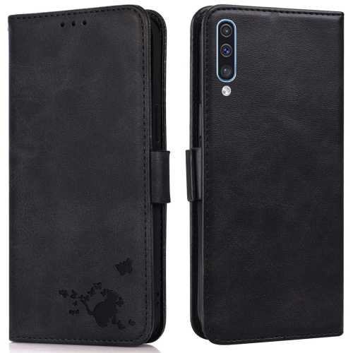 

For Samsung Galaxy A30s EU Version Embossed Cat Butterflies Pattern Horizontal Flip Leather Case with Card Slot & Holder & Wallet(Black)