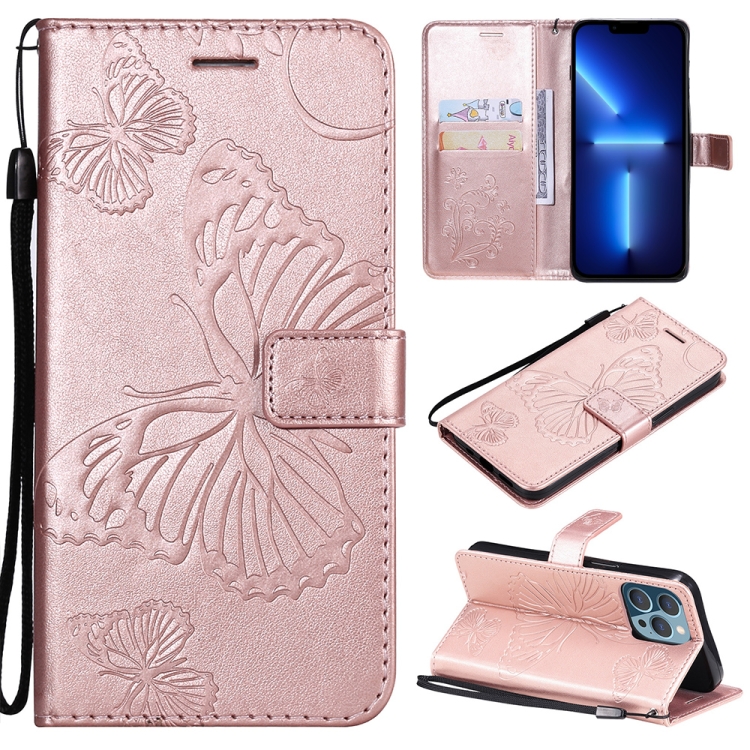 

3D Butterfly Embossed Pattern Horizontal Flip Leather Case with Holder & Card Slot & Wallet & Lanyard For iPhone 13 Pro(Rose Gold)