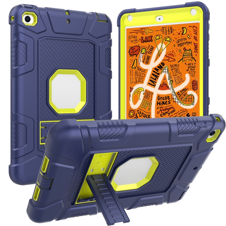 

C5 Four Corners Shockproof Silicone + PC Protective Case with Holder For iPad mini 5 / 4(Navy Blue + Lemon Yellow)