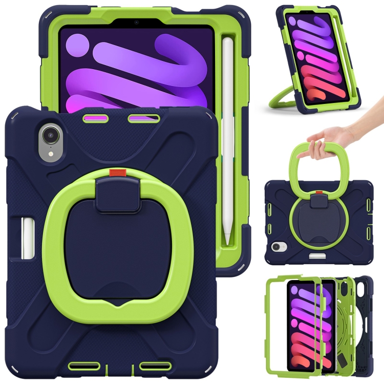 

Silicone + PC Protective Tablet Case with Holder & Shoulder Strap For iPad mini 6(Navy Blue + Lime)