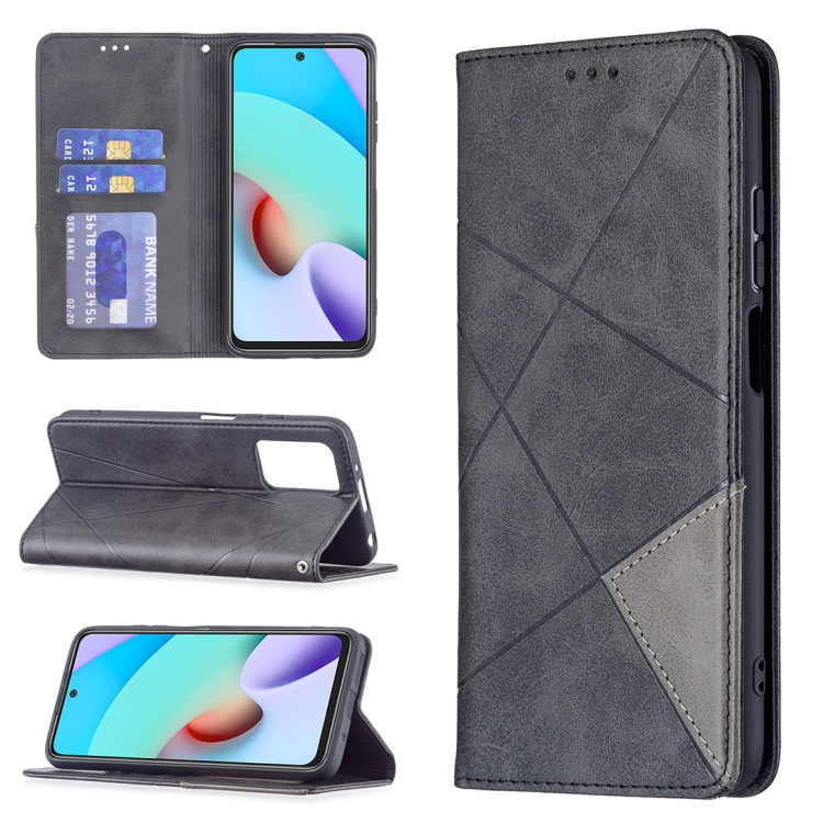 

For Xiaomi Redmi 10 Rhombus Texture Horizontal Flip Magnetic Leather Case with Holder & Card Slots(Black)