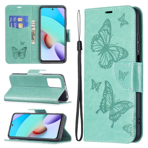 

For Xiaomi Redmi 10 Two Butterflies Embossing Pattern Horizontal Flip Leather Case with Holder & Card Slot & Wallet & Lanyard(Green)