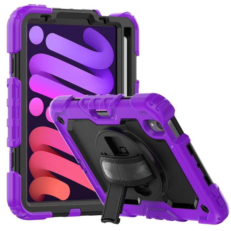 

For iPad mini 6 Shockproof Silicone + PC Protective Tablet Case with Holder & Shoulder Strap & Pen Slot(Black + Purple)