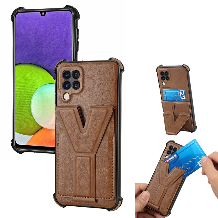 

For Samsung Galaxy A22 4G Y Style Multifunction Card Stand Back Cover PU + TPU + PC Magnetic Shockproof Case(Brown)