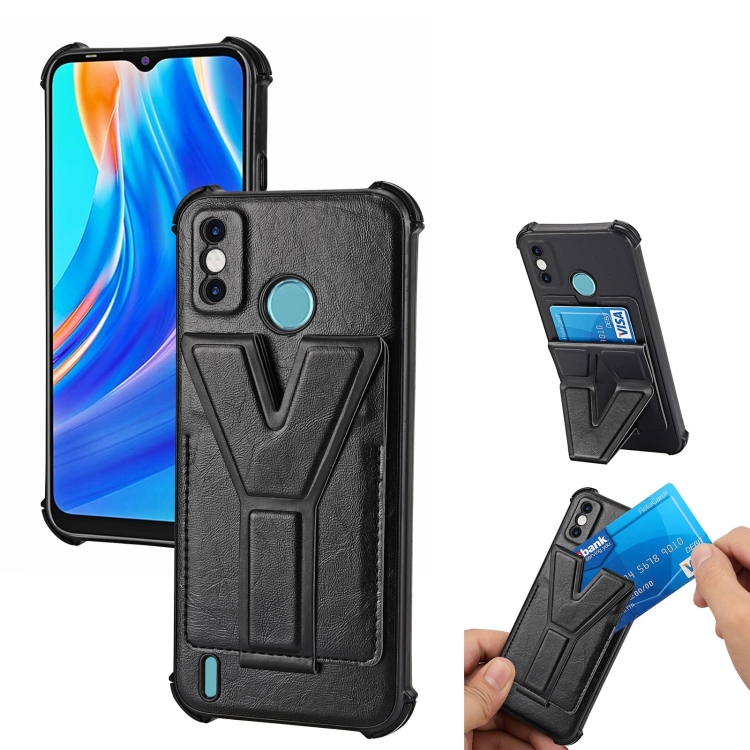 

For Tecno Spark Go 2020 Y Style Multifunction Card Stand Back Cover PU + TPU + PC Magnetic Shockproof Case(Black)