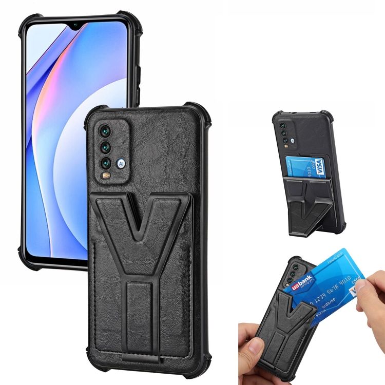 

For Xiaomi Redmi Note 9 4G / 9T Y Style Multifunction Card Stand Back Cover PU + TPU + PC Magnetic Shockproof Case(Black)