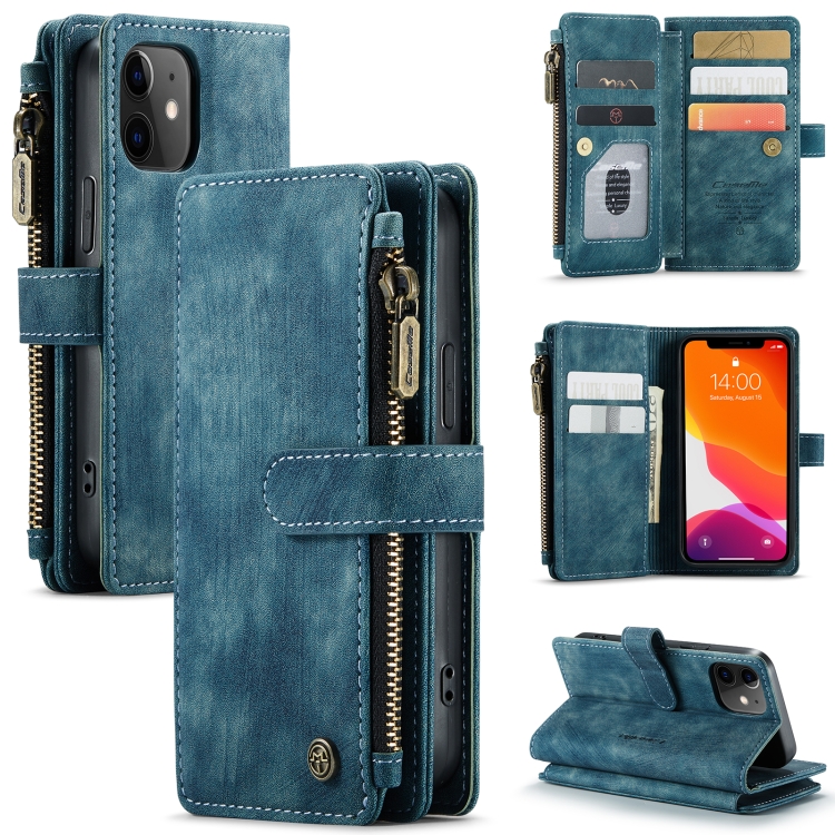 

CaseMe-C30 PU + TPU Multifunctional Horizontal Flip Leather Case with Holder & Card Slot & Wallet & Zipper Pocket For iPhone 12 mini(Blue)