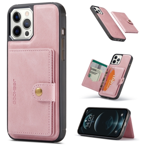

For iPhone 13 JEEHOOD Retro Magnetic Detachable Protective Case with Wallet & Card Slot & Holder(Pink)