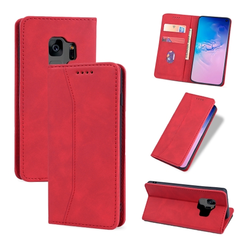 

For Samsung Galaxy S9 Skin-feel Calfskin Texture Magnetic Dual-Fold Horizontal Flip Leather Case with Holder & Card Slots & Wallet(Red)