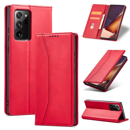 

For Samsung Galaxy S20 Ultra 5G Skin-feel Calfskin Texture Magnetic Dual-Fold Horizontal Flip Leather Case with Holder & Card Slots & Wallet(Red)