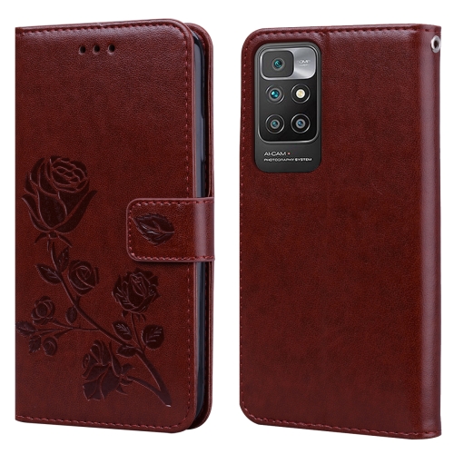 

For Xiaomi Redmi 10 Rose Embossed Horizontal Flip PU Leather Case with Holder & Card Slots & Wallet(Brown)