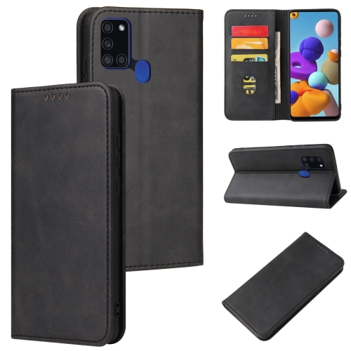 

For Samsung Galaxy A21s Calf Texture Magnetic Horizontal Flip Leather Case with Holder & Card Slots & Wallet(Black)
