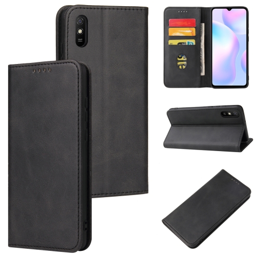 

For Xiaomi Redmi 9A Calf Texture Magnetic Horizontal Flip Leather Case with Holder & Card Slots & Wallet(Black)
