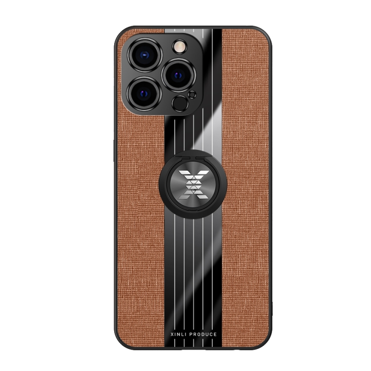 

XINLI Stitching Cloth Textue Shockproof TPU Protective Case with Ring Holder For iPhone 13 Pro Max(Brown)