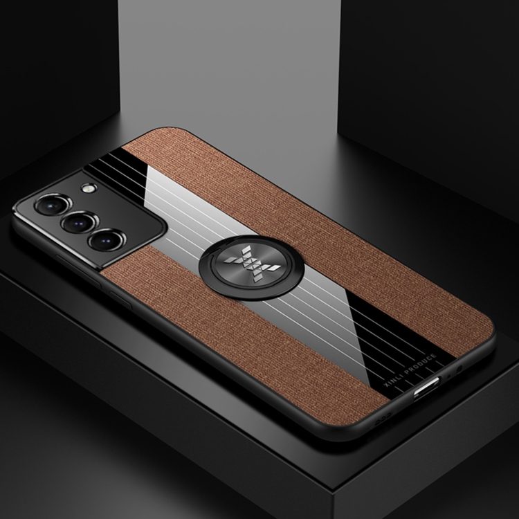 

For Samsung Galaxy S21 5G XINLI Stitching Cloth Textue Shockproof TPU Protective Case with Ring Holder(Brown)