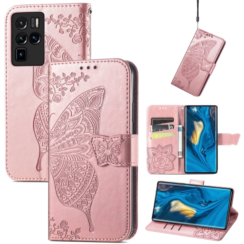 

For ZTE Nubia Z30 Pro Butterfly Love Flower Embossed Horizontal Flip Leather Case with Holder & Card Slots & Wallet & Lanyard(Rose Gold)