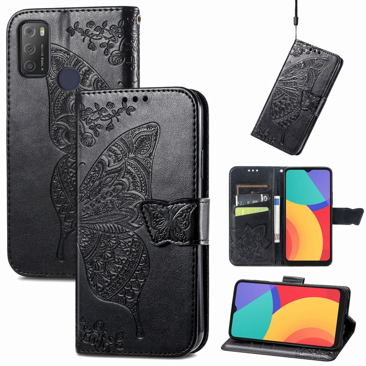 

For Alcatel 1S 2021 Butterfly Love Flower Embossed Horizontal Flip Leather Case with Holder & Card Slots & Wallet & Lanyard(Black)