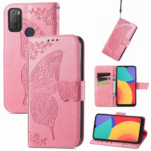 

For Alcatel 1S 2021 Butterfly Love Flower Embossed Horizontal Flip Leather Case with Holder & Card Slots & Wallet & Lanyard(Pink)