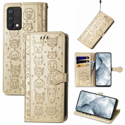

For OPPO Realme GT Master Lovely Cat and Dog Embossing Pattern Horizontal Flip Leather Case , with Holder & Card Slots & Wallet & Cartoon Clasp & Lanyard(Gold)