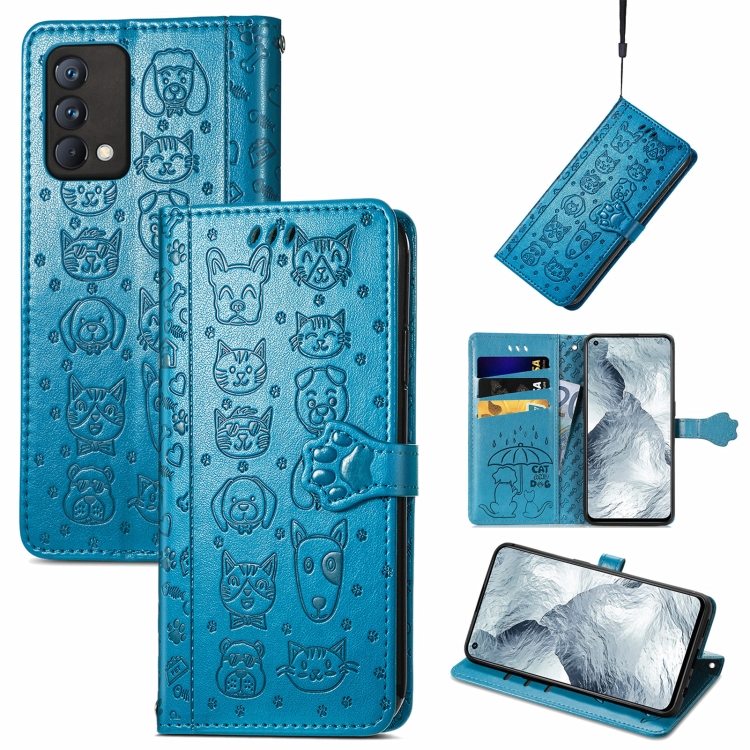 

For OPPO Realme GT Master Lovely Cat and Dog Embossing Pattern Horizontal Flip Leather Case , with Holder & Card Slots & Wallet & Cartoon Clasp & Lanyard(Blue)