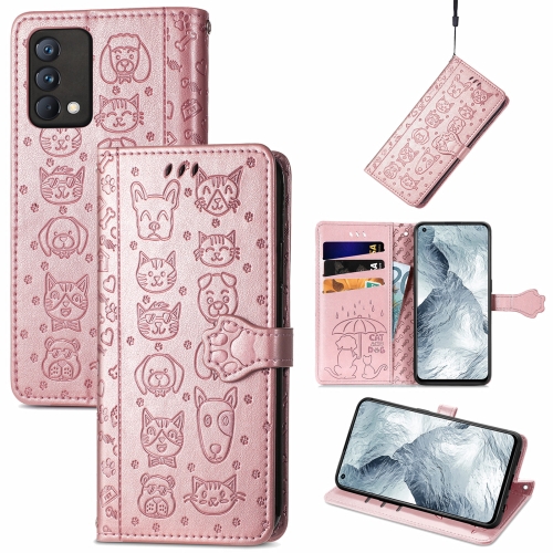 

For OPPO Realme GT Master Lovely Cat and Dog Embossing Pattern Horizontal Flip Leather Case , with Holder & Card Slots & Wallet & Cartoon Clasp & Lanyard(Rose Gold)