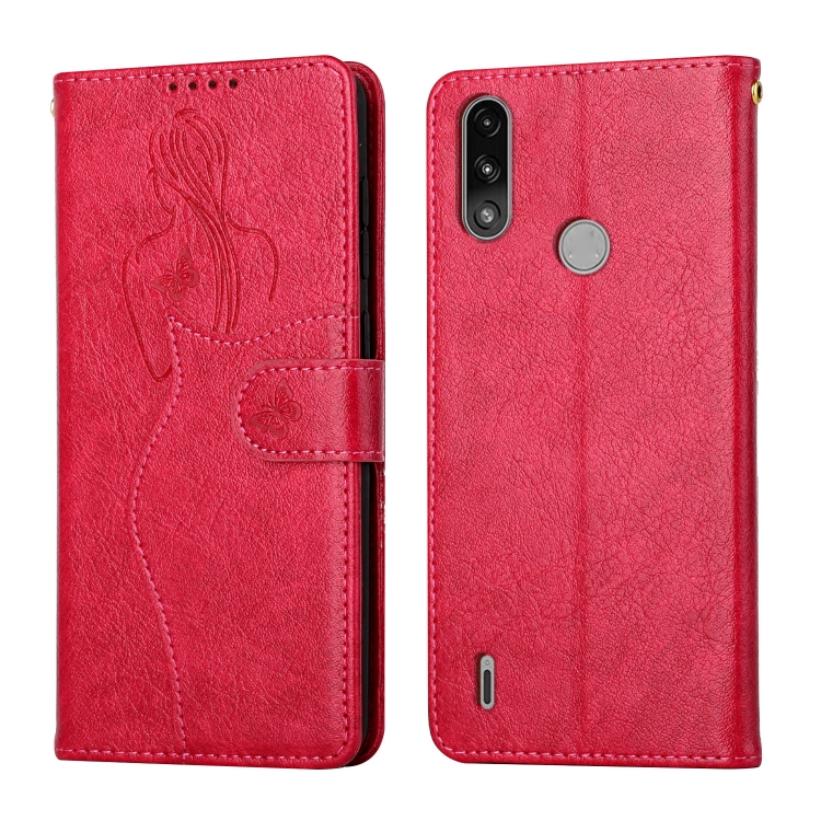 

For Motorola Moto E7 Power Beauty Girl Embossing Pattern Horizontal Flip Leather Case with Holder & Card Slot & Wallet & Photo Frame(Red)