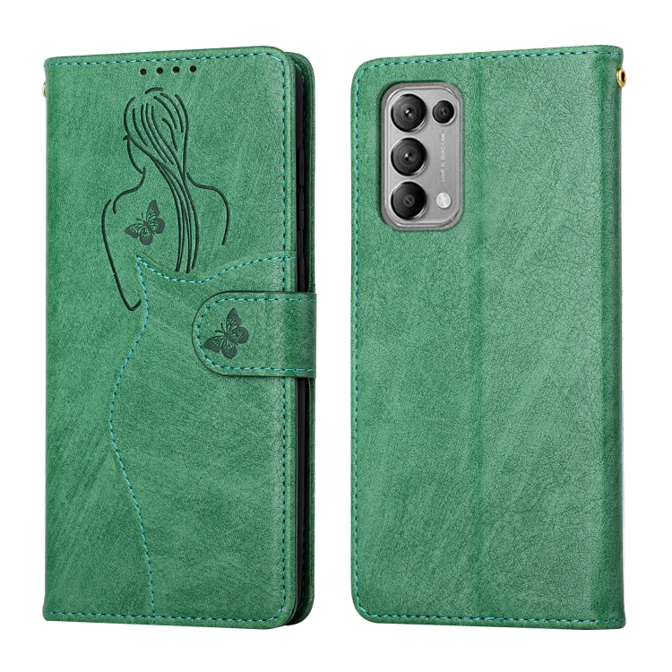 

For OPPO Reno5 5G Beauty Girl Embossing Pattern Horizontal Flip Leather Case with Holder & Card Slot & Wallet & Photo Frame(Green)
