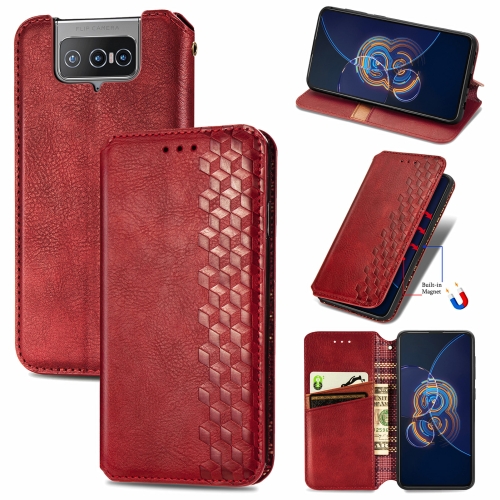 

For Asus Zenfone 8 Flip Cubic Grid Pressed Horizontal Flip Magnetic PU Leather Case with Holder & Card Slots & Wallet(Red)