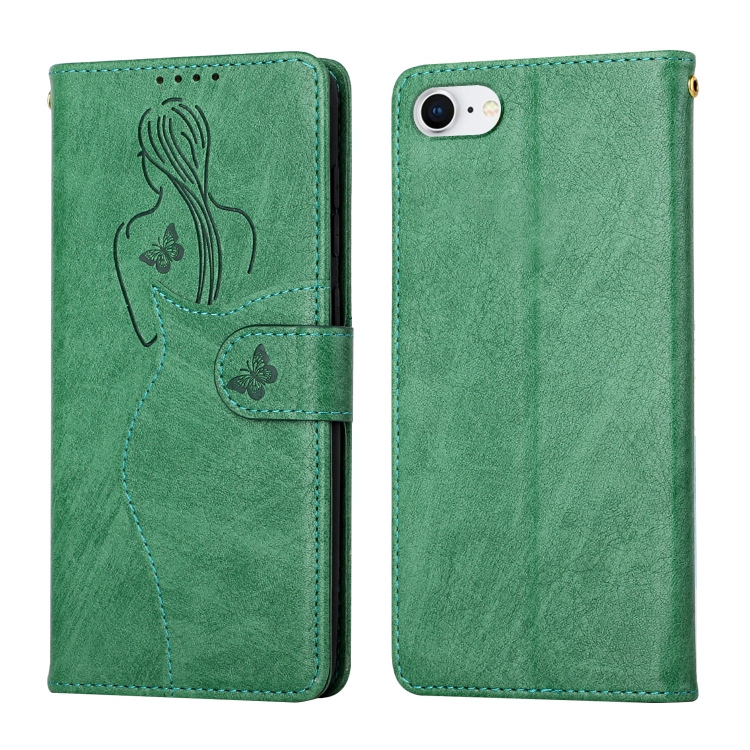 

Beauty Girl Embossing Pattern Horizontal Flip Leather Case with Holder & Card Slot & Wallet & Photo Frame For iPhone SE 2022 / SE 2020 / 8 / 7(Green)