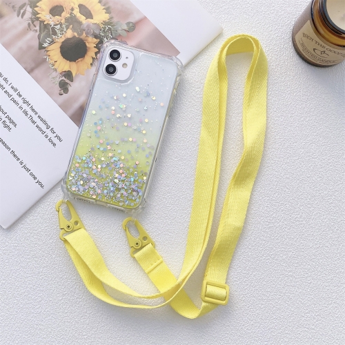 

Gradient Glitter Powder Epoxy TPU Thickened Acrylic Shockproof Case with Wide Neck Lanyard For iPhone 13(Yellow)