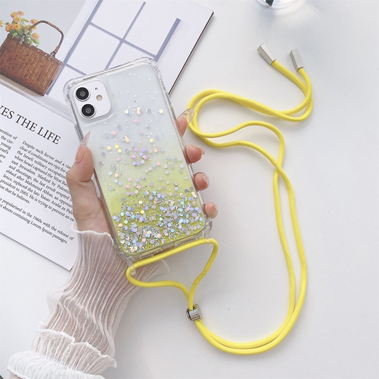 

Gradient Glitter Powder Epoxy TPU Thickened Acrylic Shockproof Case with Round Neck Lanyard For iPhone 13 mini(Yellow)
