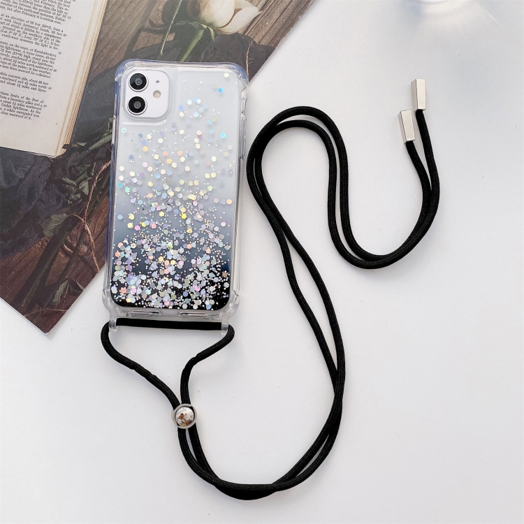 

For iPhone 11 Gradient Glitter Powder Epoxy TPU Thickened Acrylic Shockproof Case with Round Neck Lanyard (Black)