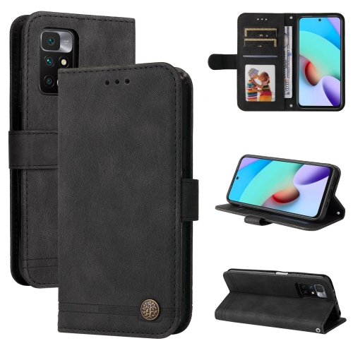 

For Xiaomi Redmi 10 Skin Feel Life Tree Metal Button Horizontal Flip Leather Case with Holder & Card Slot & Wallet & Photo Frame & Strap(Black)